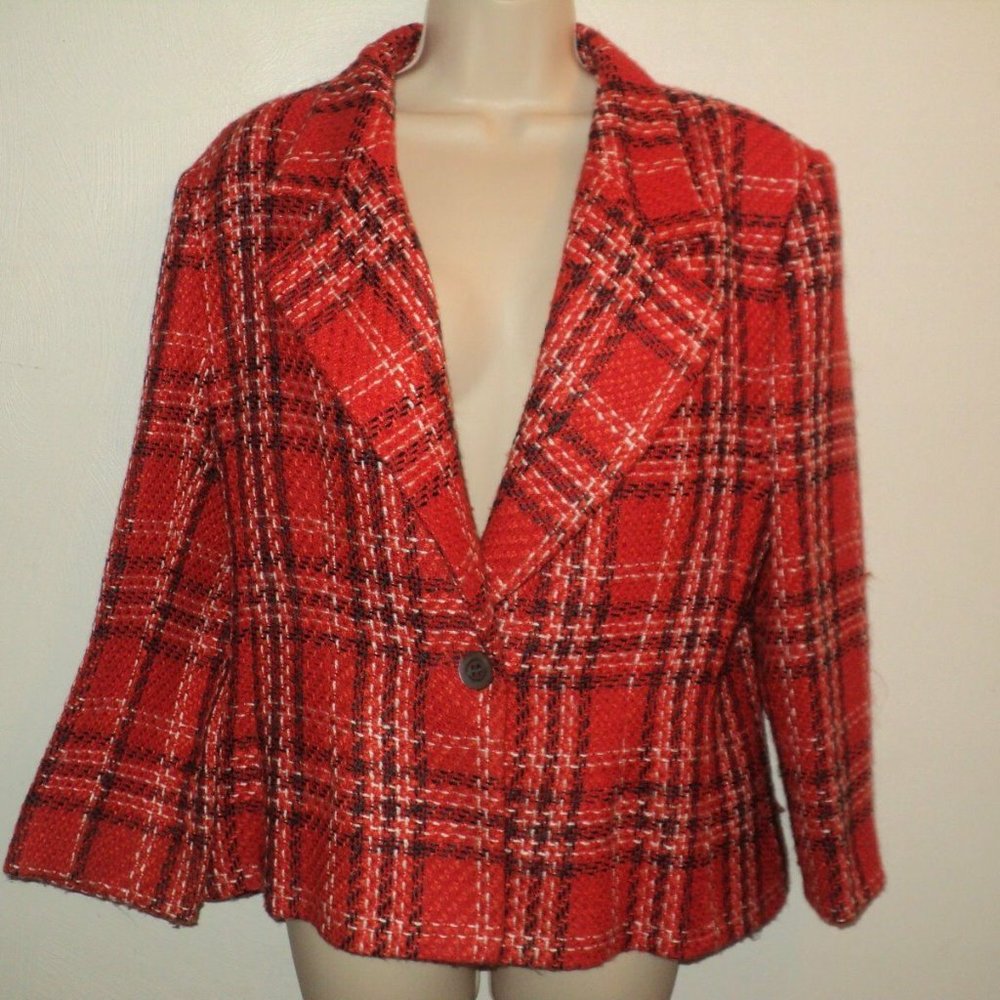 Jaeger Plaid Blazer Women's Size 12 Red-Rust Buttoned Lined Acrylic & Wool Blend
